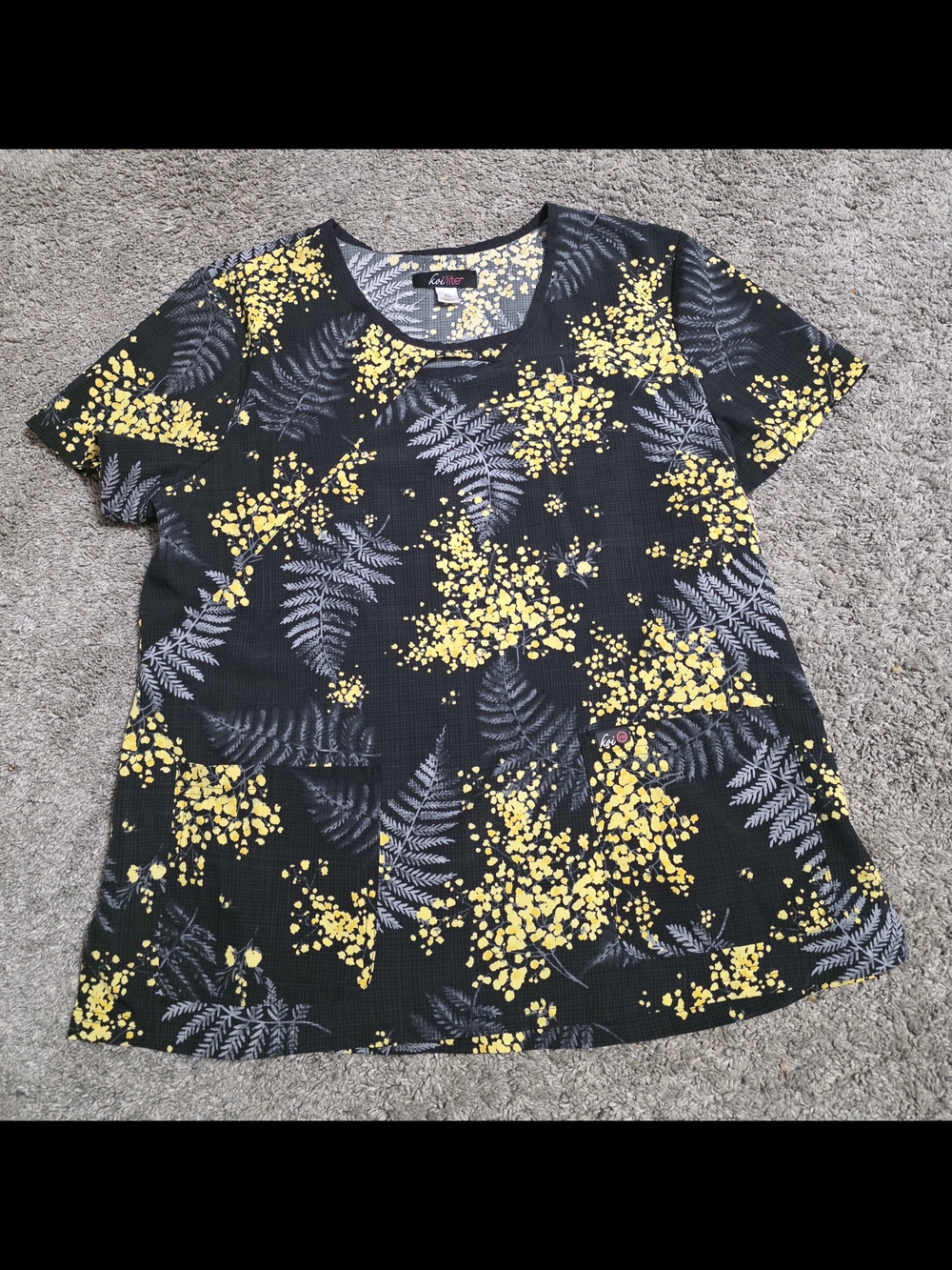 Women’s Black Top with Yellow Floral Print Scrub Top